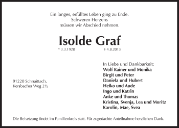 Traueranzeige von Isolde Graf von Pegnitz-Zeitung